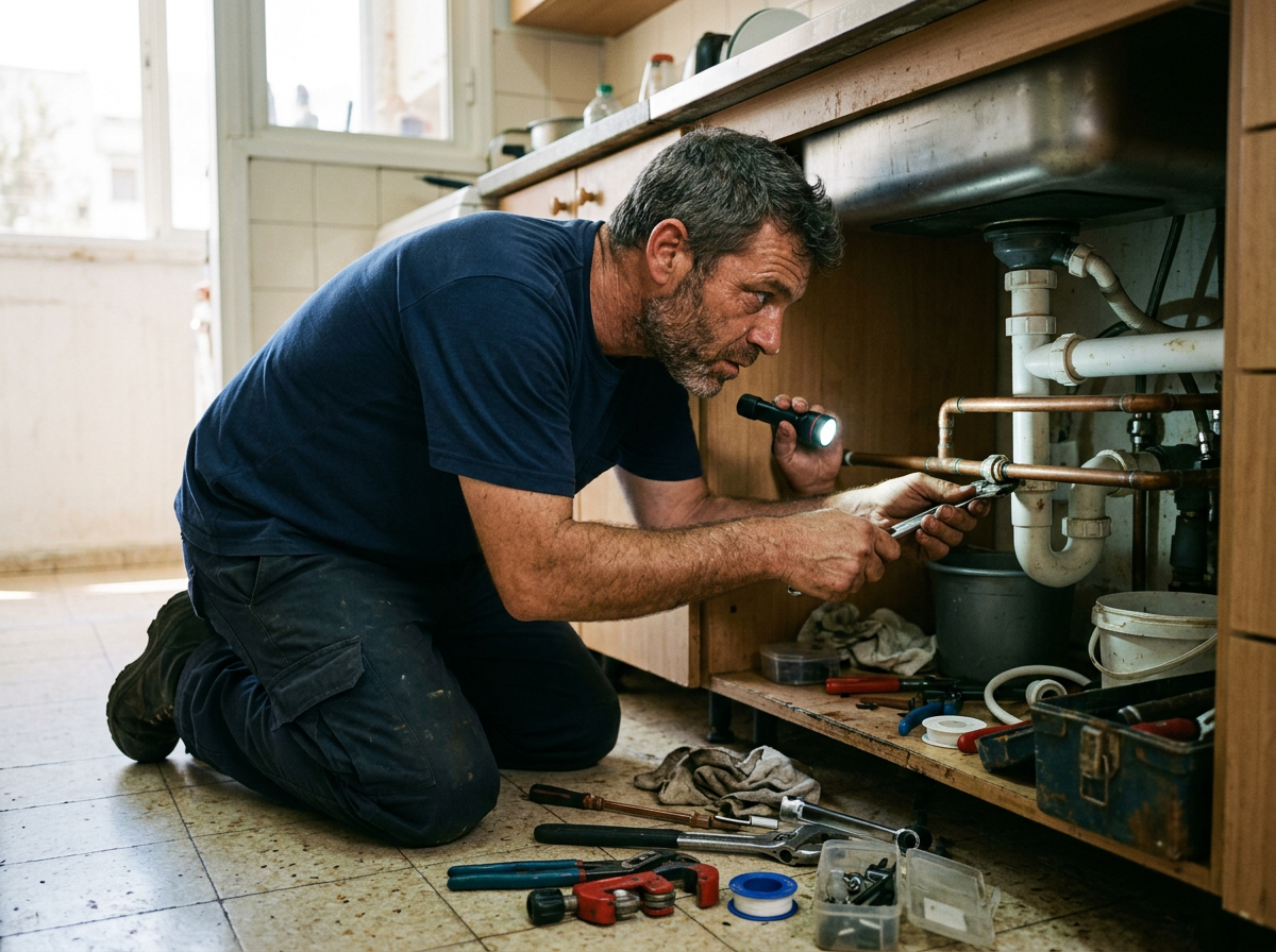 טכנאי אינסטלציה כורע מתחת לכיור מטבח ומתקן צינור, עם פנס יד וכלים על הרצפה.